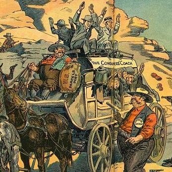 The hold-up / Albert Levering. Illustration shows a group of highwaymen labeled "Trust, Express Company, [and] Protected Monopoly" robbing a stagecoach labeled "The Consumers' Coach"; the driver, labeled "Congress", is throwing them a pouch labeled "U.S. Parcels Post".